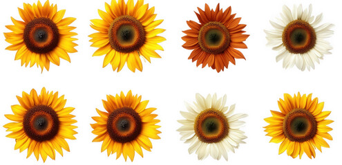 collection of six sunflowers in different colors and shades yellow. orange. and white each sunflower has a dark brown center and is isolated on a transparent background