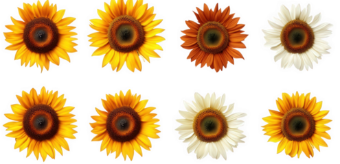 collection of six sunflowers in different colors and shades yellow. orange. and white each sunflower has a dark brown center and is isolated on a transparent background