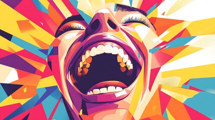 Obraz premium Joyful woman laughing, vibrant colors, abstract background.