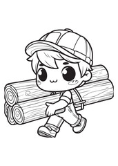 Coloring page education design boy bring big wood walk