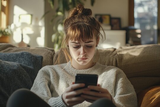 Young Woman Uses Smartphone, Feeling Sad Indoors, on Cozy Couch, Sunlit Room,  Expressing Solitude, Modern Lifestyle.