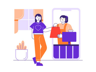 Woman shopping online. Online Food illustration. Flat vector illustrations