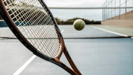 Tennis racket and ball on court