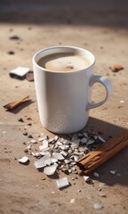 Small shard of white glass on the ground near a coffee cup with wooden splinter, broken, vase, cup