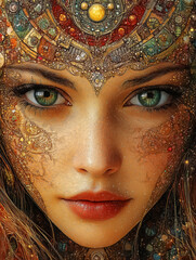 Captivating ornate portrait featuring a mystical woman adorned with vibrant jewels and intricate details, ideal for wall art, posters, backgrounds, and decorative purposes.