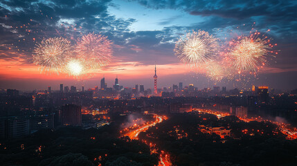 photo of fireworks in the sky over Shanghai at night, Chinese New Year, China, holiday, National Day of the People's Republic of China, celebration, landscape