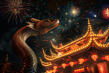 Fototapeta premium Fantasy Chinese New Year Snake as a Giant Monstrous Serpent in a Fantasy City Celebration for Lunar New Year 2025