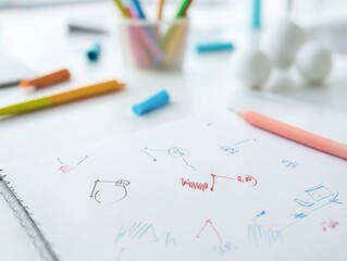 Close-Up of Hand-Drawn Tactical Diagrams with Pastel Highlighters on Abstract Background