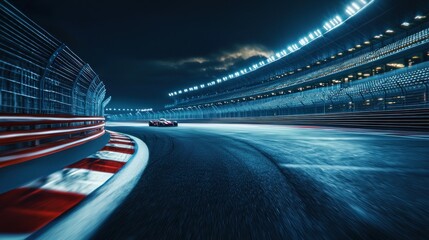 Illuminated Night Race Track Empty Asphalt Road