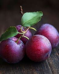 Fototapeta premium Fresh Red Plums with Water Droplets on Wooden Background