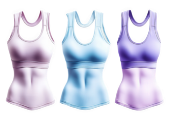 three colorful sports bras on a transparent background the bras are pink. blue. and purple and are arranged in a row from left to right they are made of a stretchy. breathable material and are perfect