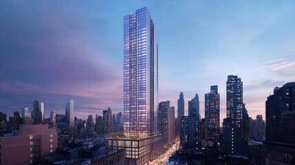 Modern skyscraper at dusk, city skyline backdrop.