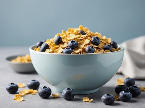 A simple bowl of cereal filled with golden flakes, topped with a few fresh blueberries for a pop of color.