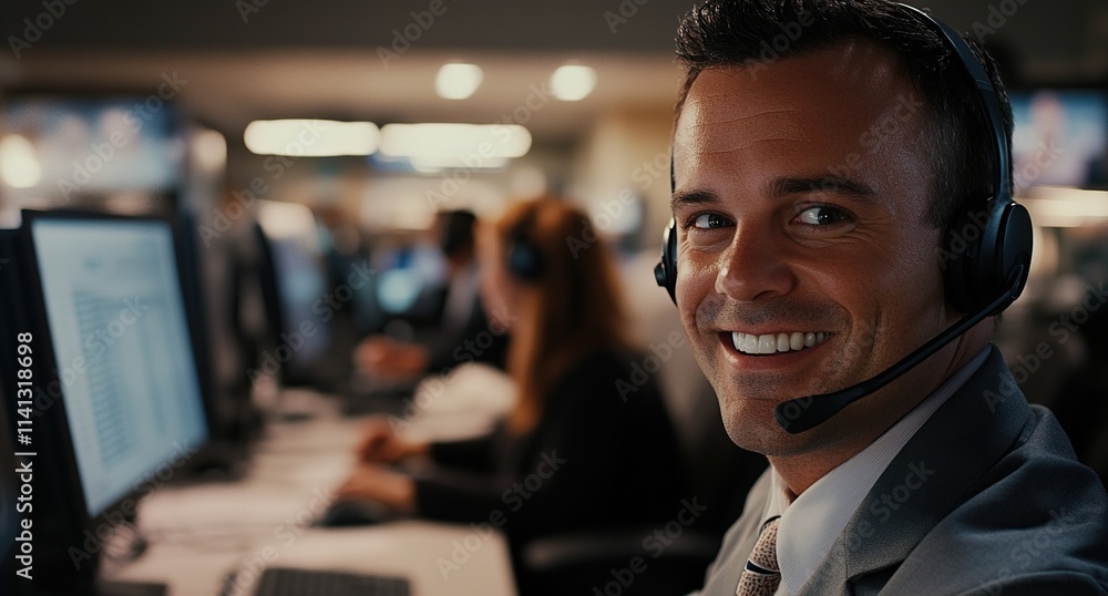 Poster customer service agent smiles while working, providing excellent support efficiently in modern offic