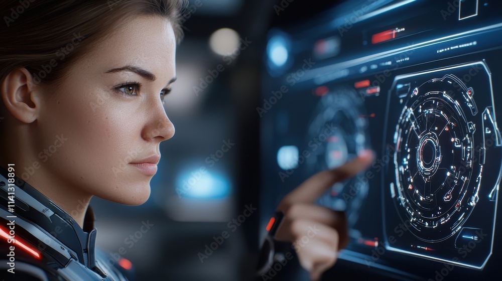 Poster close up portrait of a determined serious looking woman operating a futuristic high tech digital con