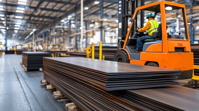 A worker operates a forklift in a warehouse, transporting large steel sheets on pallets in a bright industrial setting.