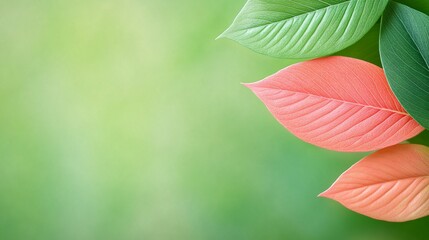 A close-up of colorful leaves in green, orange, and pink against a soft blurred background, creating a serene and refreshing natural aesthetic.