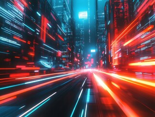 Fototapeta premium Dynamic Light Streaks in Futuristic Cityscape - Cyber Aesthetic and Motion