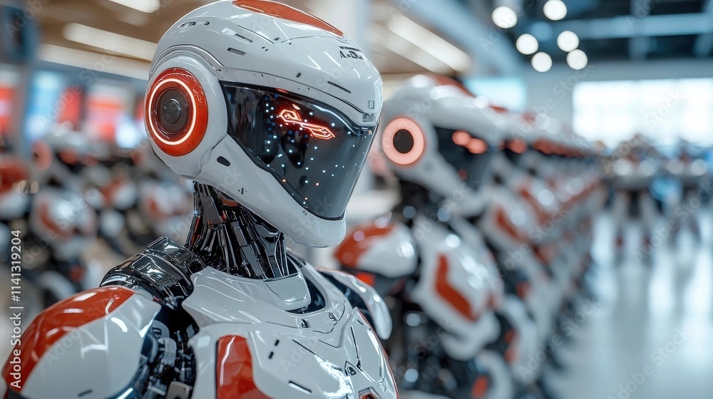 Poster futuristic robotic cyborg with metallic exterior standing in sci fi industrial setting surrounded by