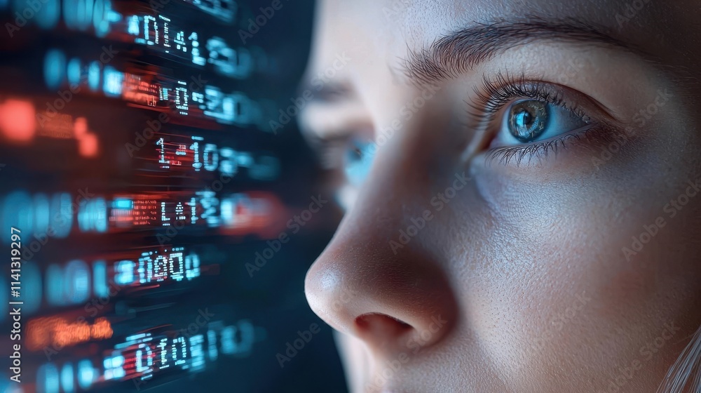 Poster futuristic digital interface with analytical data and glowing eye close up showcasing the power of t