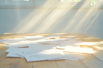 Sunlit Table with Scattered Papers Symbolizing Legal Discussions and Abstract Reflections
