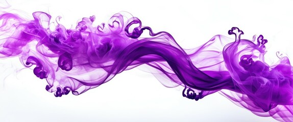 Fototapeta premium Photograph of a purple ink cloud in water, abstract, fluid motion, dynamic, swirling, wispy tendrils, high quality, bright, vivid, contrast, white background