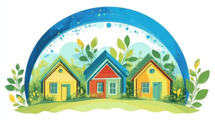 Naklejka premium A vibrant illustration of three colorful houses surrounded by lush greenery.