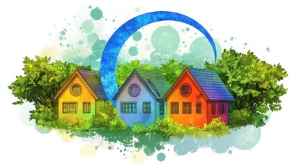 Naklejka premium Colorful illustration of three charming houses surrounded by vibrant greenery and whimsical shapes.