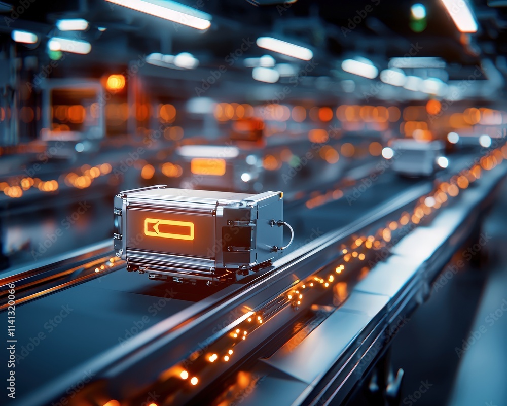 Poster Automated sorting center with packages moving seamlessly on conveyors