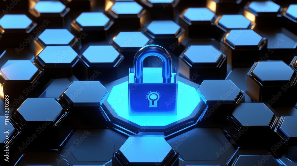 Poster a sleek metallic padlock illuminated on a glowing hexagonal pattern, symbolizing cybersecurity and p