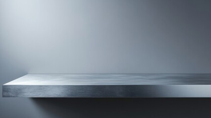 Obraz premium Silver steel countertop with an empty shelf and bar desk surface, set against a gray background with spotlighting, creating a sleek and modern kitchen design.