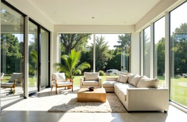 Fototapeta premium A minimalist sunroom with large windows, simple seating, and high-resolution details of a bright, airy atmosphere and contemporary design