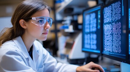 A focused scientist in a lab coat analyzes data on computer screens, wearing protective goggles, in a high-tech laboratory setting.