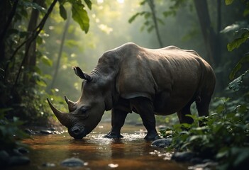 Fototapeta premium The Javan rhinoceros (Rhinoceros sondaicus), also known as the Sunda rhinoceros or lesser one-horned rhinoceros, is a very rare member of the family Rhinocerotidae and one of five extant rhinoceroses.