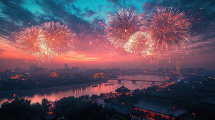 photo of fireworks in the sky over Beijing at night, Chinese New Year, China, holiday, National Day of the People's Republic of China, celebration, landscape