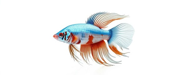 Fototapeta premium Photo of a vibrant blue and orange betta fish swimming in a clear water tank, bright lighting, high quality, watermark, jpeg artifacts