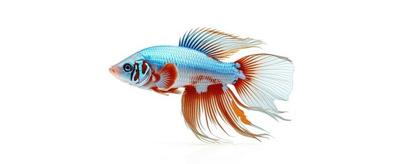 Fototapeta premium Photo of a vibrant blue and orange betta fish swimming in a clear water tank, bright lighting, high quality, watermark, jpeg artifacts