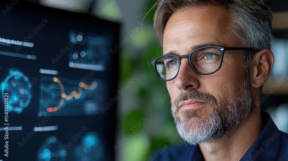 Poster mature bearded businessman in glasses intensely studying financial data visualizations on computer d