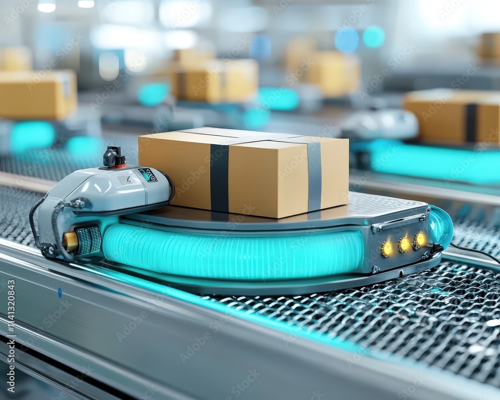 Poster automated sorting center with packages moving seamlessly on conveyors