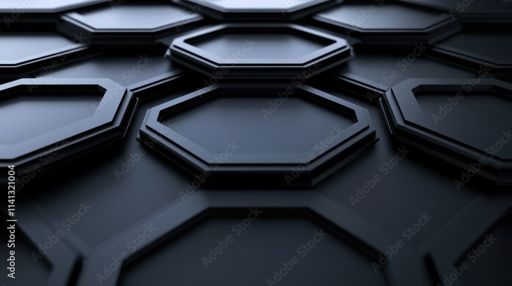 Poster close-up of a modern hexagonal patterned surface showcasing sleek black textures and sharp angles.