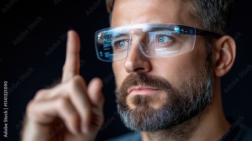 Poster futuristic businessman with smart glasses interface using augmented reality and digital technology f