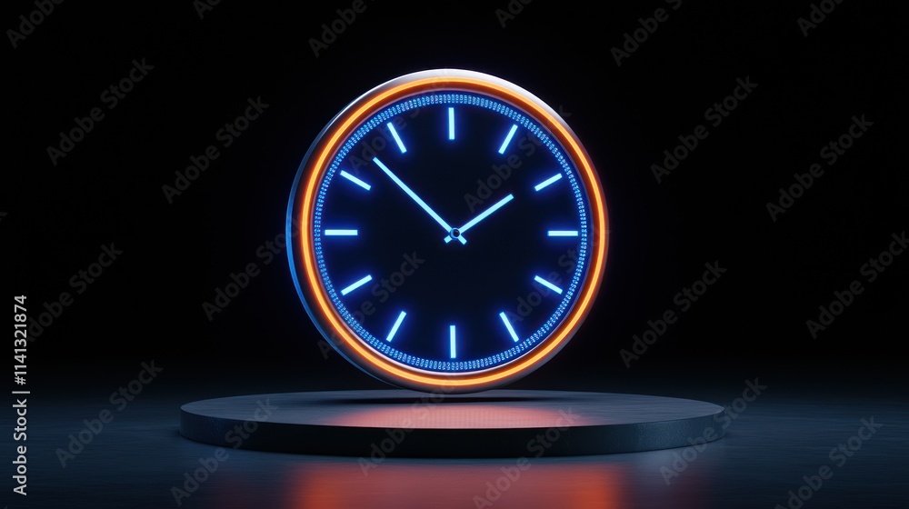 Poster a neon clock displaying time in a dark environment.
