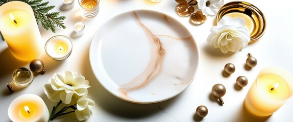 Photo of a white ceramic plate with a subtle marble pattern, surrounded by various decorative elements on a white background. The plate is in the center, with a small glass candle holder with a lit ca