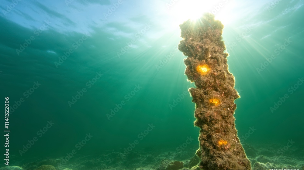 Poster a vertical underwater structure is illuminated by sunlight, surrounded by clear water, creating an e