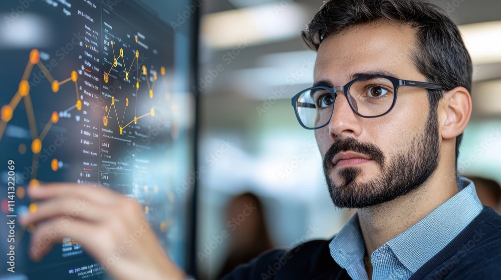 Poster focused businessman studying financial graphs and analytics on computer screen in modern office work