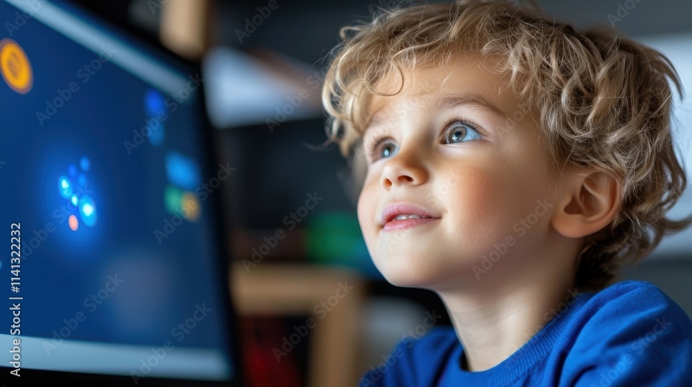 Poster cheerful and curious young boy with curly hair intently focusing on and interacting with a computer 