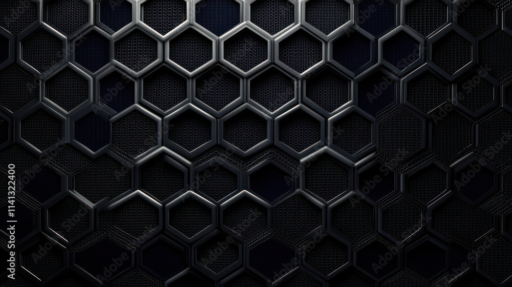 Poster close-up of a sleek, black hexagonal mesh pattern, creating a modern and industrial vibe.