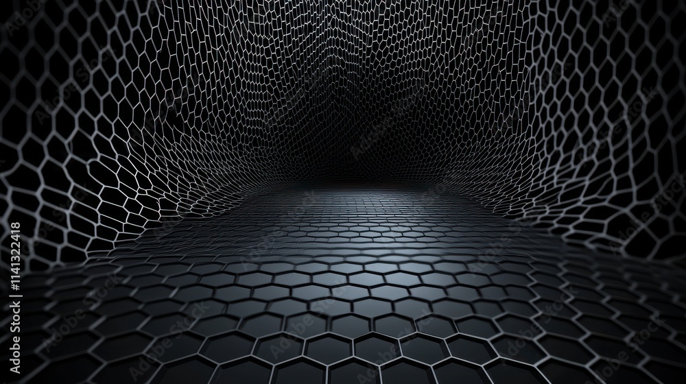 Poster abstract black hexagonal pattern creating a futuristic tunnel effect.