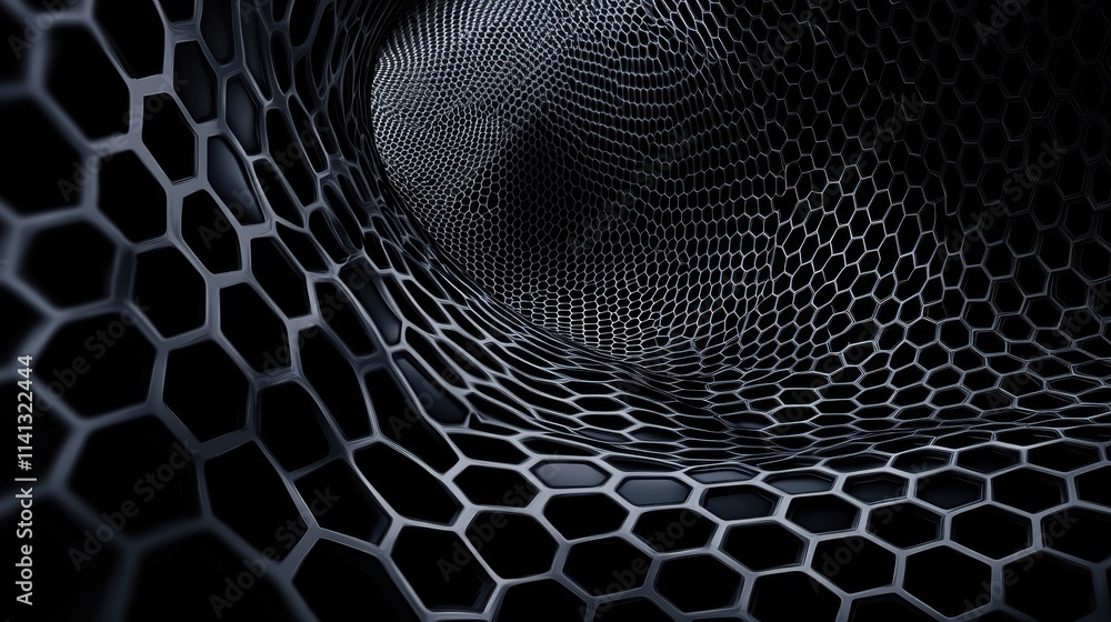 Poster an abstract view of a black hexagonal mesh structure, conveying a sense of depth and modern design.