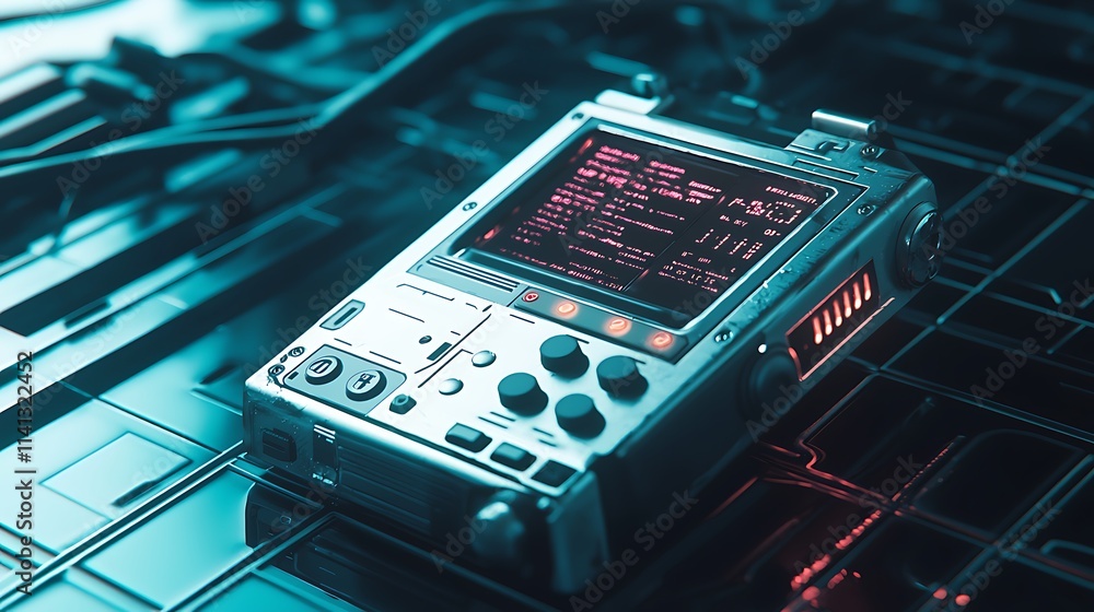 Aufkleber Futuristic handheld device with digital display showing code on a metallic surface.
